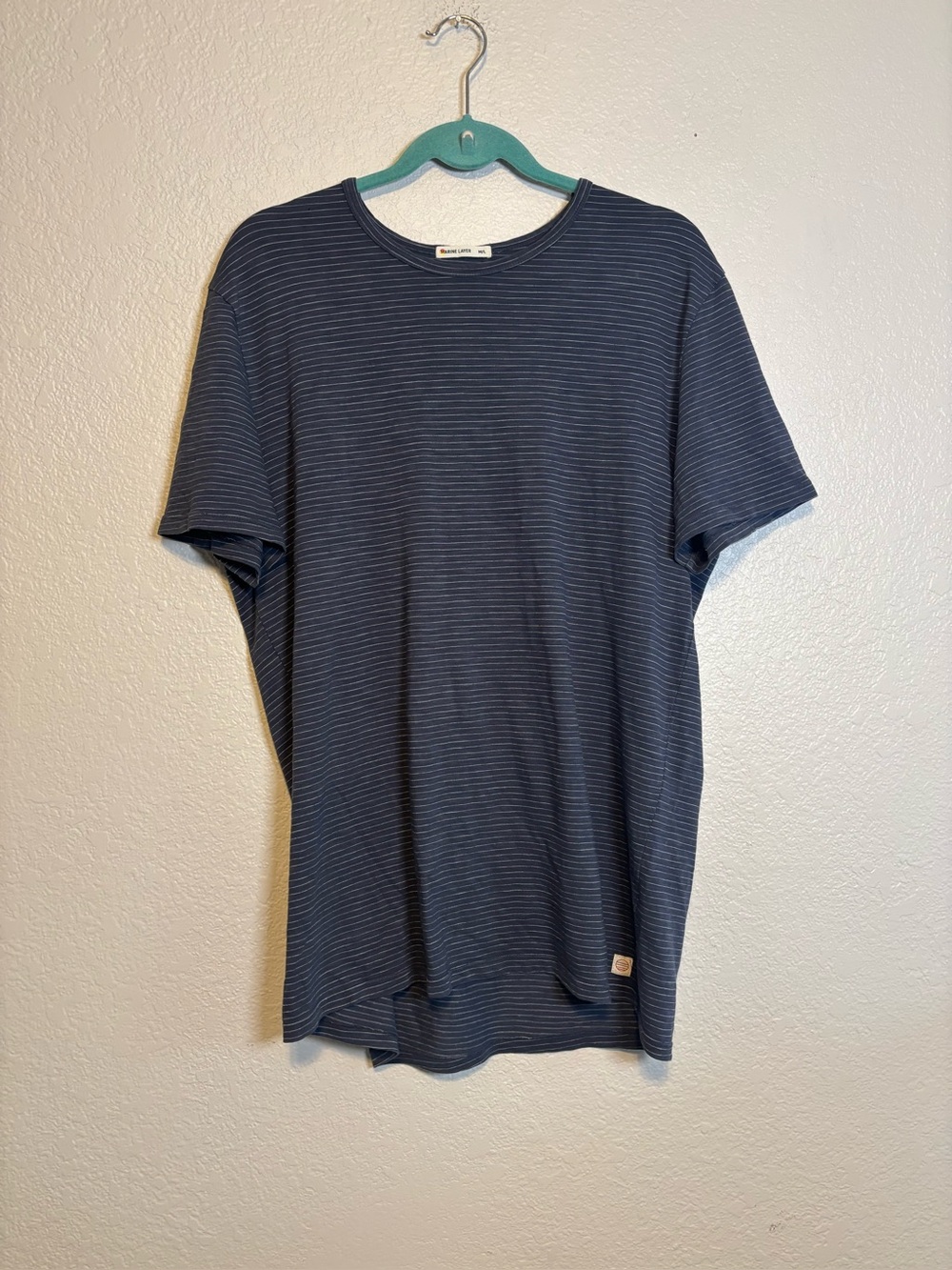 Marine Layer Crew Mens Neck Striped Short Sleeve Shirt M/L Navy Blue